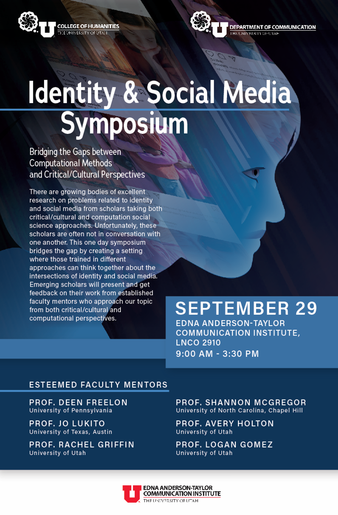 Symposium event informatiom against a blue and purple abstract human head background